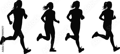 Running silhouette vector illustration, athletic woman motion, jogging pose sequence, fitness activity graphic, sports biomechanics art, ponytail runner clipart