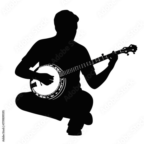 Silhouette of a man playing banjo while squatting on a white background  