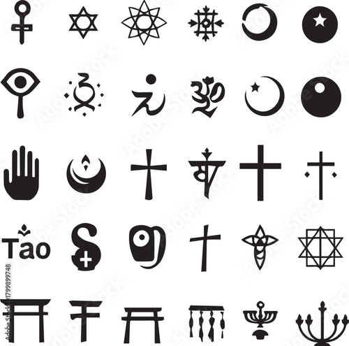 Religious symbol grid with icons from Christianity, Islam, Judaism, Hinduism, Buddhism, Taoism, and more