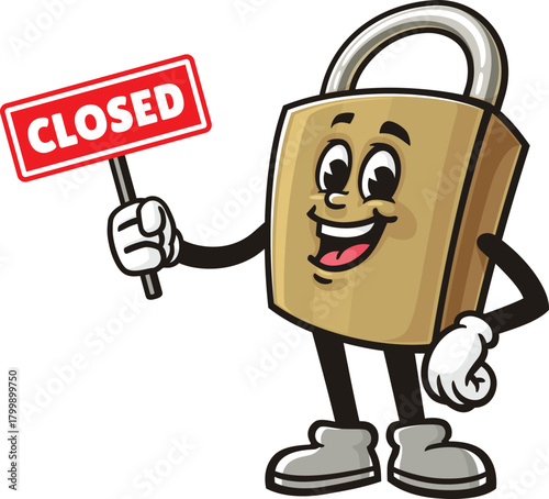 Cartoon padlock mascot holding a closed sign