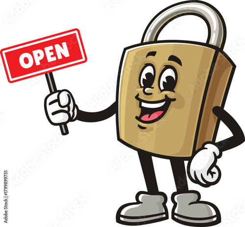 Cartoon padlock mascot holding an open sign
