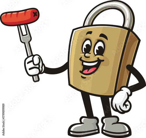 Cartoon mascot of a padlock holding a sausage