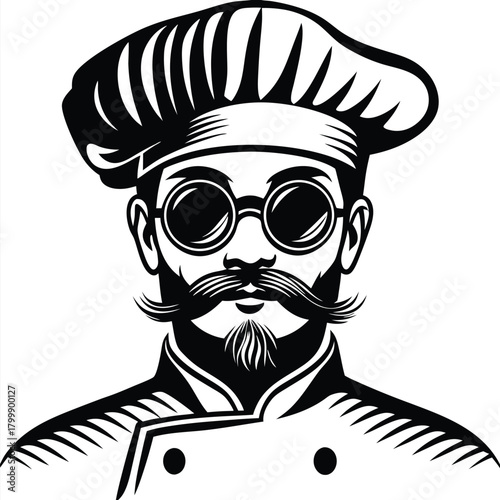 Stylish male chef with mustache, wearing glasses and chef's hat showcases unique style