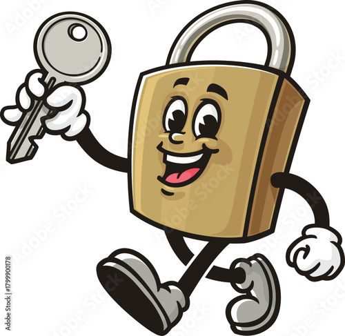 Cartoon mascot of a padlock walking and carrying a key