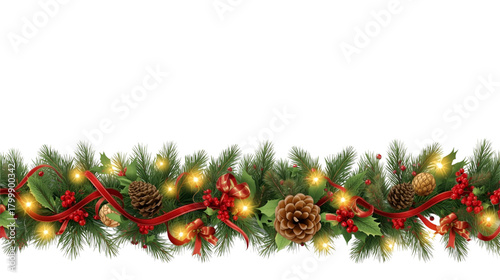 Christmas garland with pine branches, red ribbons, pine cones and glowing lights decor