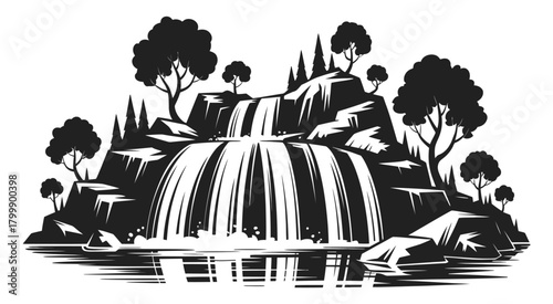 stylized silhouette of a majestic waterfall cascading down rocks, surrounded by trees and reflected in calm water, detailed vector illustration for nature landscapes, outdoor scenery, and 
