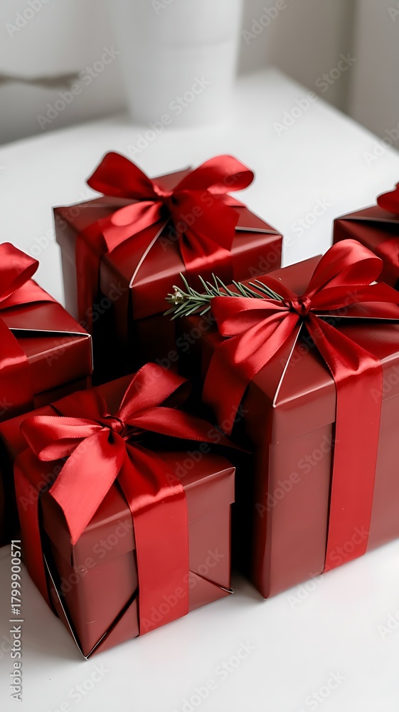 Obraz premium Close-up of elegantly wrapped red presents with decorative ribbons and one with a sprig, symbolizing giving and festive spirit.