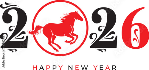 Happy new year 2026 with red horse isolated on transparent background