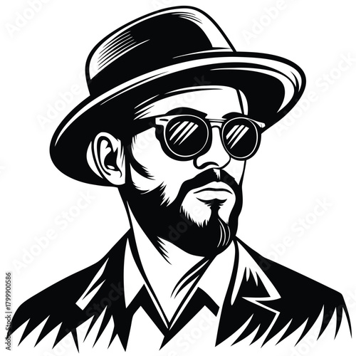 Portrait features a bearded man wearing a hat and sunglasses in monochrome style
