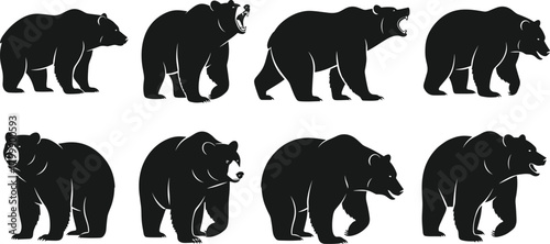 Bear silhouettes, various poses, animal vector icons, black clipart, wildlife illustration, nature symbol, forest creature, stock design, mammal graphic elements