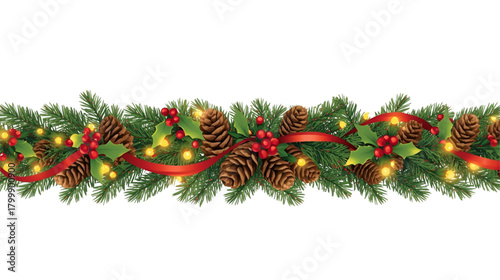 Christmas garland with pine cones, red ribbon, holly, berries and glowing lights decor