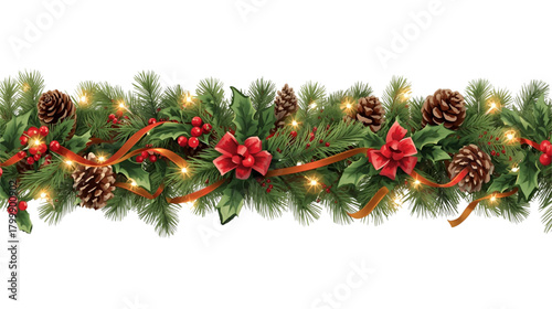 Christmas garland with pine cones, red berries, ribbons, and lights on a white background