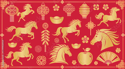 Golden horses and traditional chinese new year symbols like lanterns, firecrackers, and ingots on a red background, representing prosperity and good fortune during the festive season