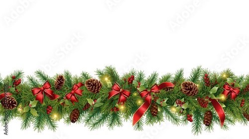 Festive christmas garland with pine branches, red bows, berries, and pine cones decor