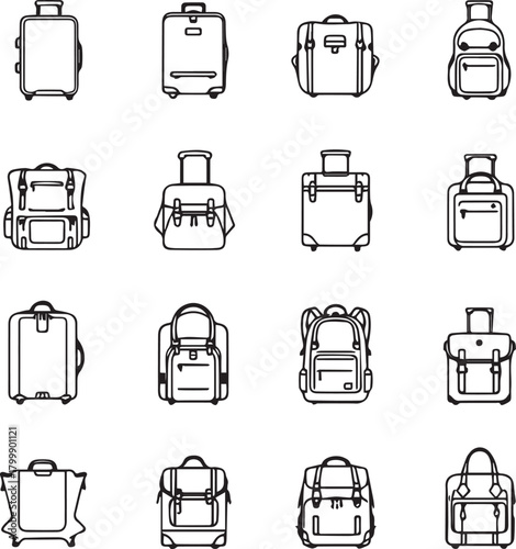 Bag icon grid with suitcases, backpacks, and handbags in black line art for travel and fashion themes