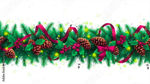 A festive christmas garland with pine cones, holly, berries, and a red ribbon design element