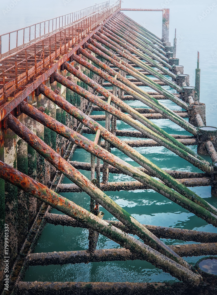 Fototapeta premium Weathered, rusty support structure of a pier or jetty extending into foggy turquoise water. The metal beams are heavily covered in rust, algae, and barnacles. The fog creates a moody background