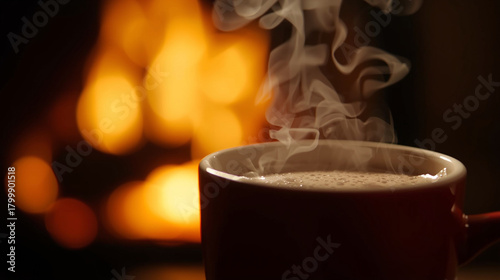 Cozy winter night hot cocoa by fireplace
Warm festive scene with hot cocoa and a glowing fireplace