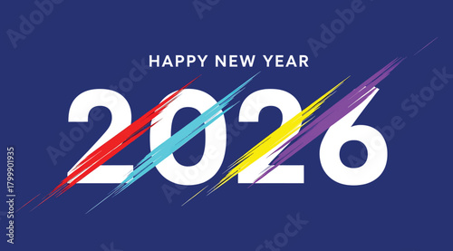 Happy new year 2026 text with colorful brush strokes on a blue background, a festive greeting for the upcoming year, symbolizing celebration and new beginnings