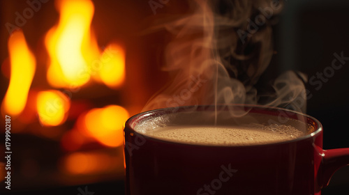 Cozy winter night hot cocoa by fireplace
Warm festive scene with hot cocoa and a glowing fireplace