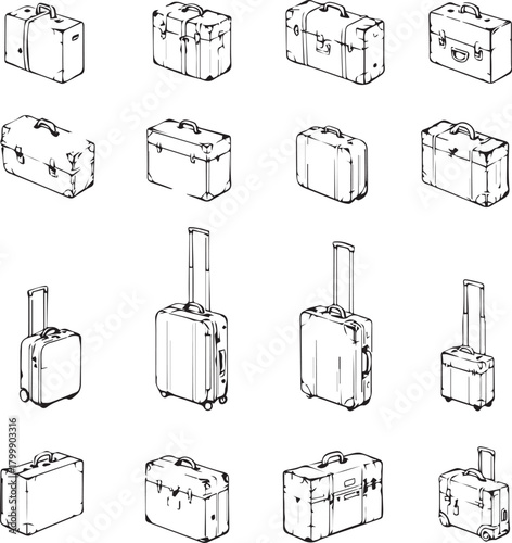 Luggage icon grid with 16 unique suitcase and travel bag designs featuring wheels, handles, and compartments
