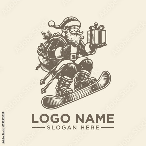 Santa Claus Snowboarding Gift Logo Vector Illustration