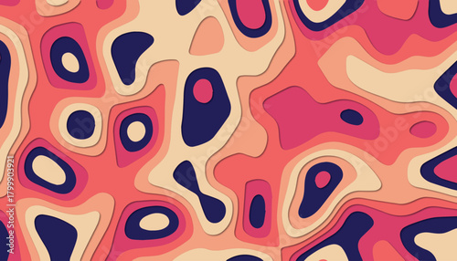 Abstract papercut layered background – colorful fluid shapes in coral, navy and beige tones, modern cutout design texture, 3d layered paper style illustration for creative abstract graphic design.