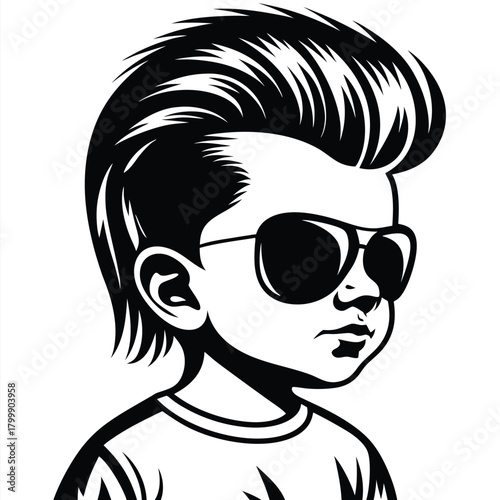 Monochrome boy with trendy quiff hairstyle wearing sunglasses exudes youthful coolness and confidence