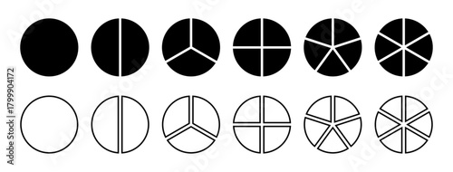 Foto Pie chart or fraction of circle icons in black and white, representing data segm