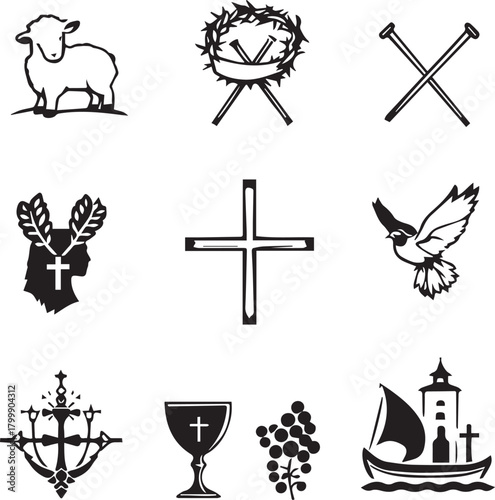 Christian icon grid with lamb, cross, dove, chalice, manger, church, palm branches, and Easter symbols