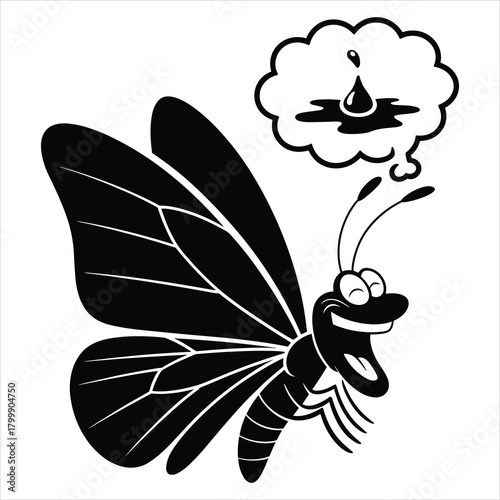 Cheerful cartoon butterfly dreams of a refreshing water droplet isolated on white background, Vector