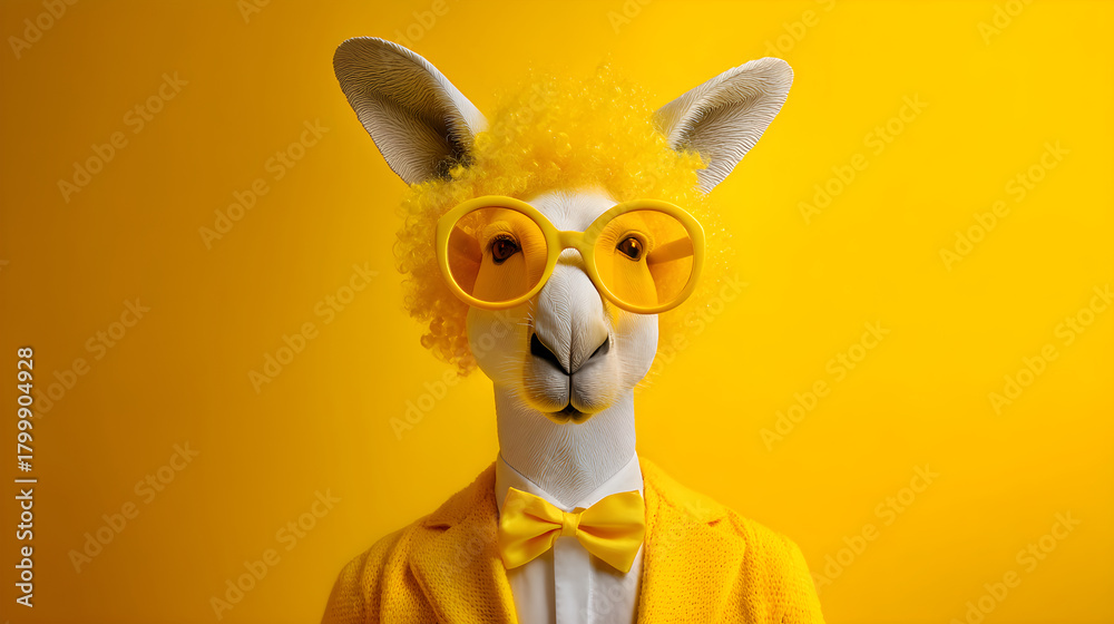 Naklejka premium Yellow dressed alpaca wearing clown wig and glasses