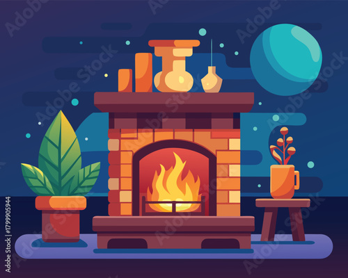 Fireplace with burning fire and houseplants