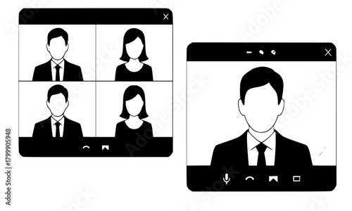 Video conference call meeting interface vector illustration set, online communication, virtual business meeting, and remote work graphic with participant screens in grid and single view.