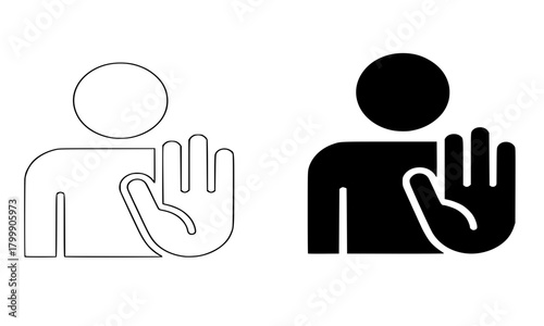 Stop gesture icon set, human figure holding up a hand to signal no, prohibition, caution, warning, or refusal vector illustration in solid and outline silhouette styles.