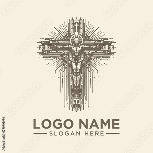 Sacred Mechanical Cross Logo Vector, Inspirational Religious Art for Branding