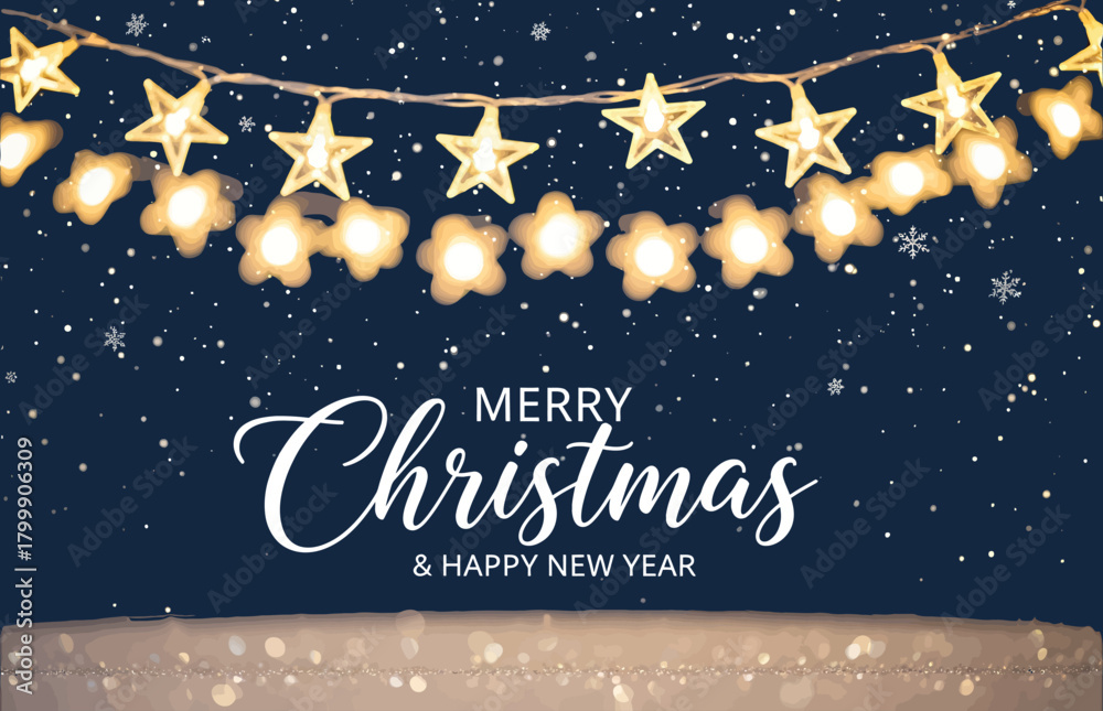 Fototapeta premium Festive string of glowing star and flowershaped christmas lights with a dark blue, snowy background and the text merry christmas happy new year above a blurred foreground