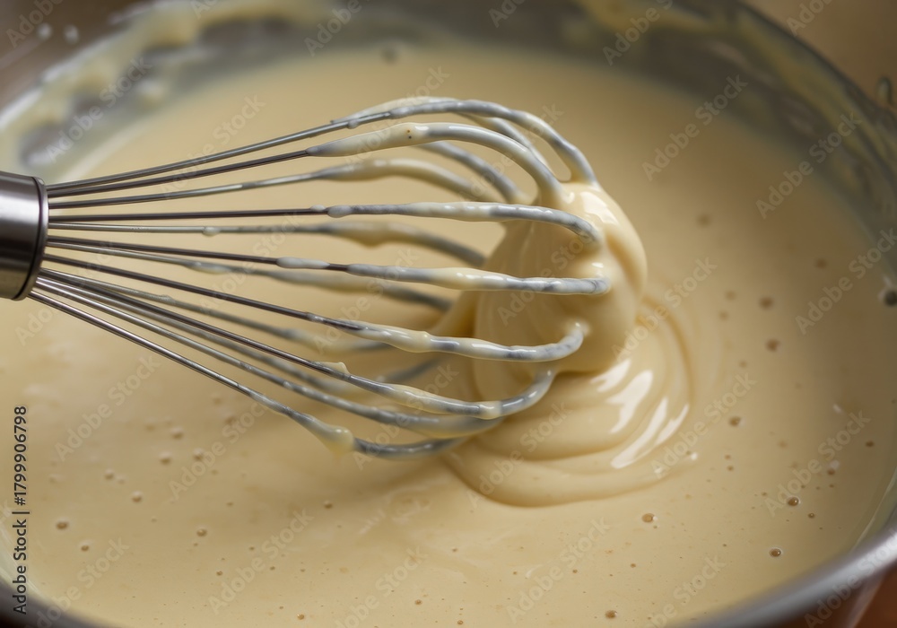 Fototapeta premium Close up of a whisk mixing a creamy yellow batter in a bowl, baking ingredients and preparation