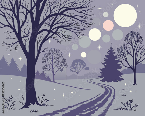 Winter landscape with trees, path, and night sky
