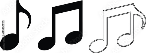 Three different styles of musical notes depicted in black and white on a white background