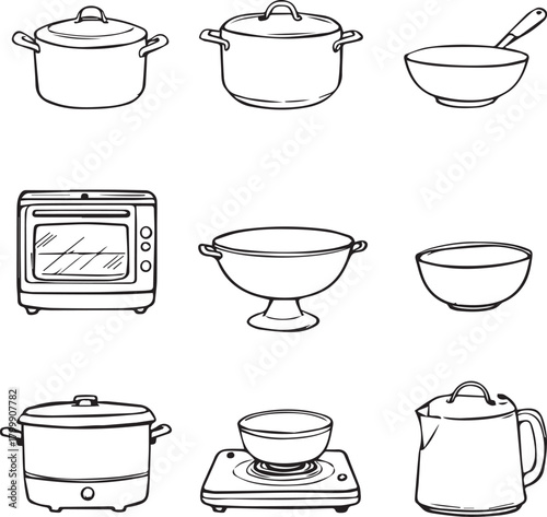 Grid of black line kitchen appliance and utensil icons including pots, oven, kettle, bowls, and strainer