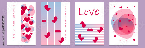 Modern design templates of Valentines day, posters, covers set. Trendy minimalist aesthetic with gradient graphic backgrounds. Red, pale pink, blue purple vibrant colors on white.