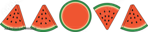 Watermelon fruit vector set with juicy slices and whole round melon for summer food, tropical sweet dessert and fresh market design