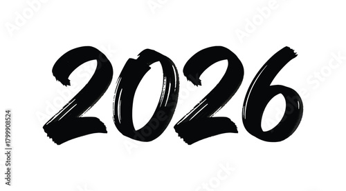The year 2026 written in a bold, black, brushstroke font, isolated on a, representing the future and new beginnings