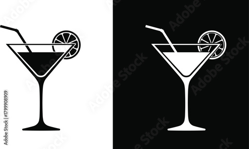 Cocktail glass icon with lemon slice and straw, refreshing summer drink symbol, minimalist beverage illustration in black and white vector style