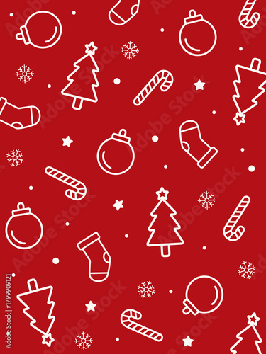 Rich seamless pattern featuring Christmas tree, ornaments, candy cane, socks, and snowflakes on dark red background. Suitable for classic holiday wrapping papers, cards, and warm seasonal fabrics.