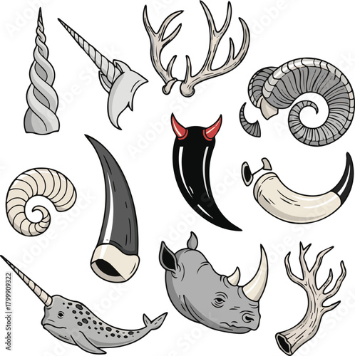 set of marine animals horn vector art with white background