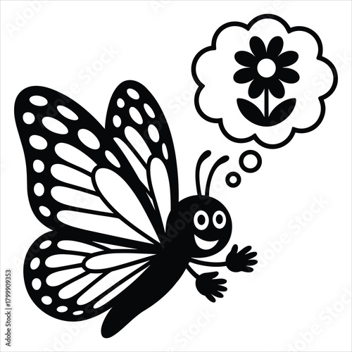Cute cartoon butterfly dreams of flower, simple vector graphic isolated on white background, Vector