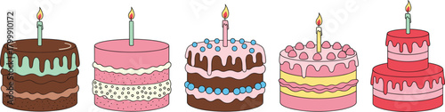 Birthday cake vector set with chocolate, cream, icing, sprinkles and candles for celebration party desserts and sweet bakery design