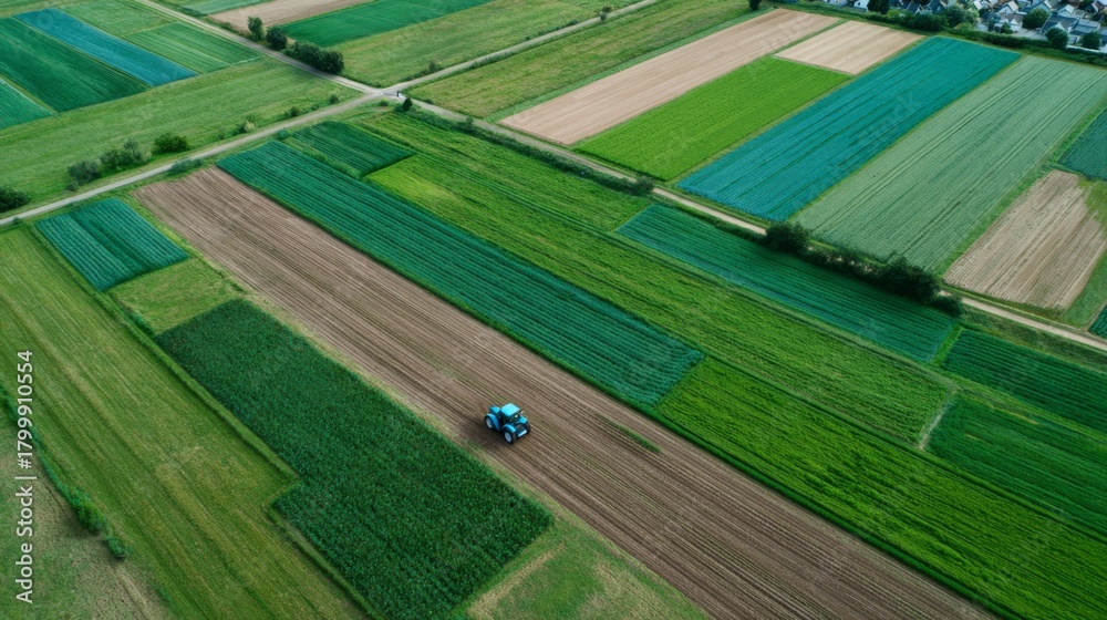 Obraz premium Aerial view of a blue tractor working in lush green fields, showcasing the beauty of agricultural landscapes.